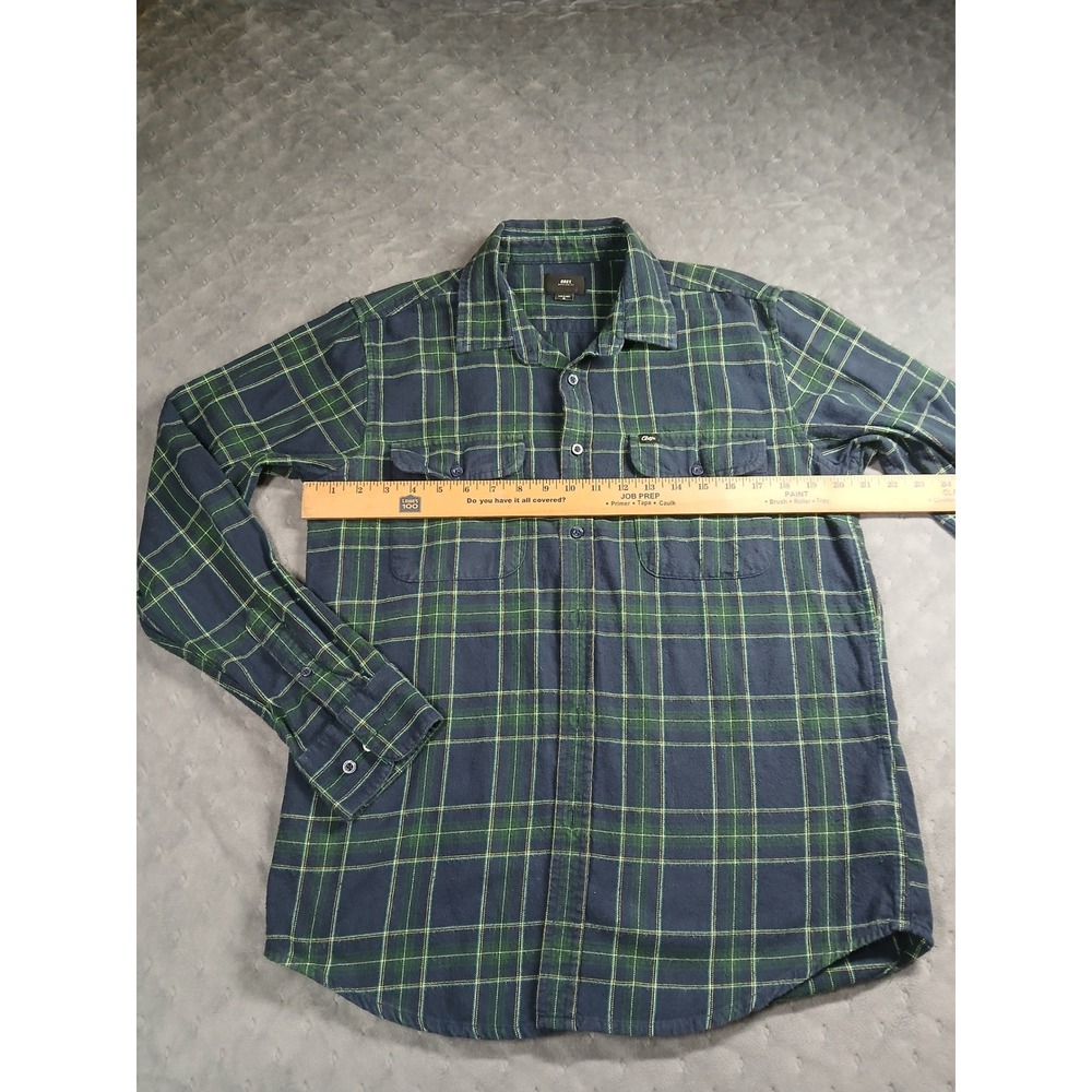Obey Worldwide Mens Navy Green Plaid Flannel Button Down Shirt Size M Cotton - Picture 5 of 8
